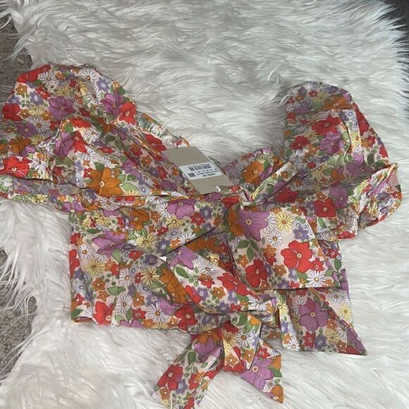 Glamorous Top Womens Size Large Retro Floral back tie crop Blouse Spring summer - Picture 6 of 9